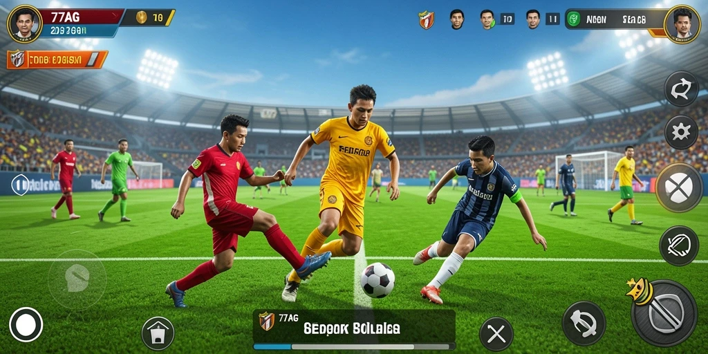 Tangkapan layar gameplay 77AG menunjukkan aksi sepak bola yang mendebarkan.