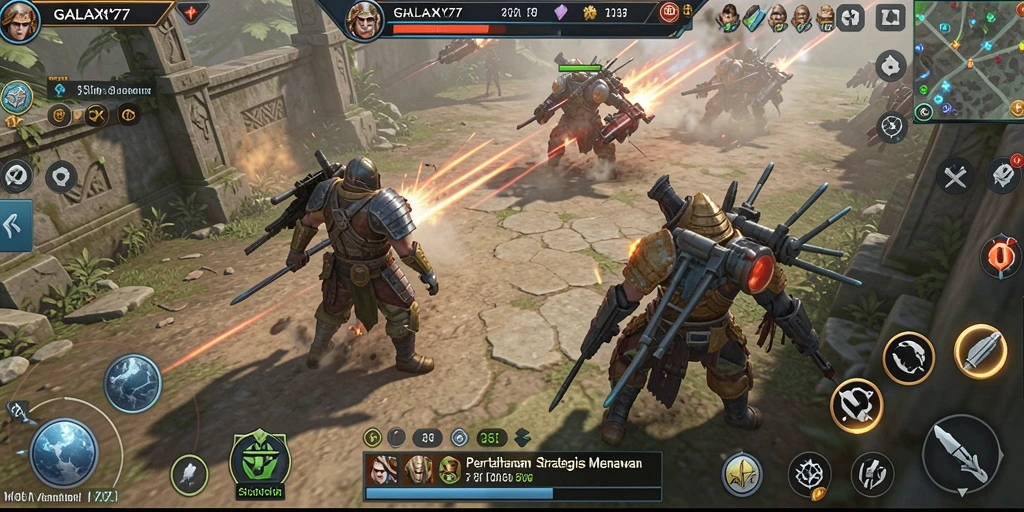 Tampilan menara dan musuh dalam gameplay Tower Defense.