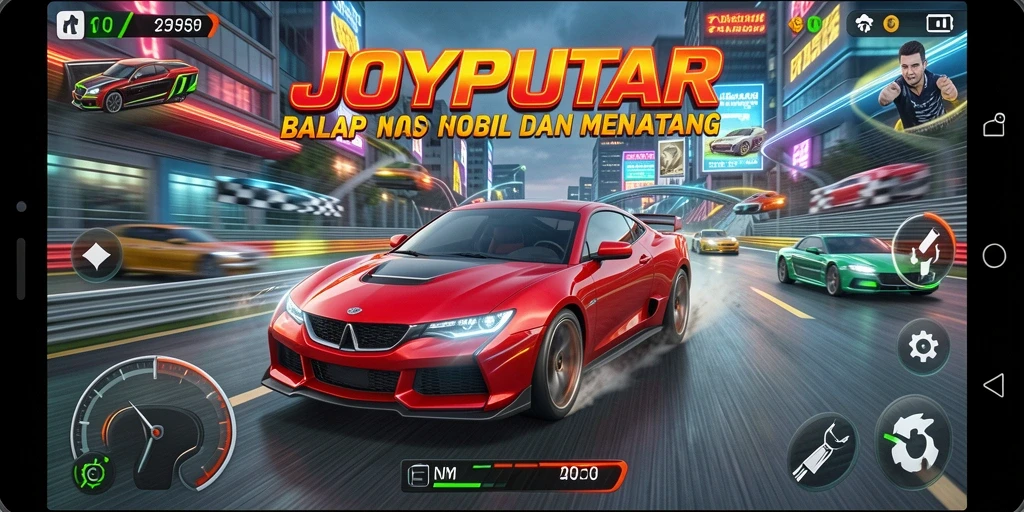 Tangkapan layar utama <strong>JOYPUTAR</strong> menampilkan aksi balap yang mendebarkan.