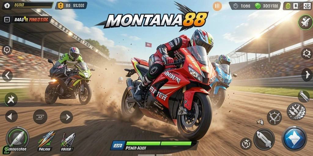 Screenshot gameplay MONTANA88 menampilkan aksi balapan motor yang mendebarkan.