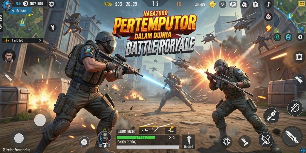 Tangkapan layar NAGA2000 yang menunjukkan aksi pertempuran seru dalam Battle Royale.
