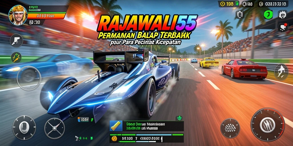 Screenshot gameplay menegangkan dari RAJAWALI55 dengan mobil balap yang beraksi.